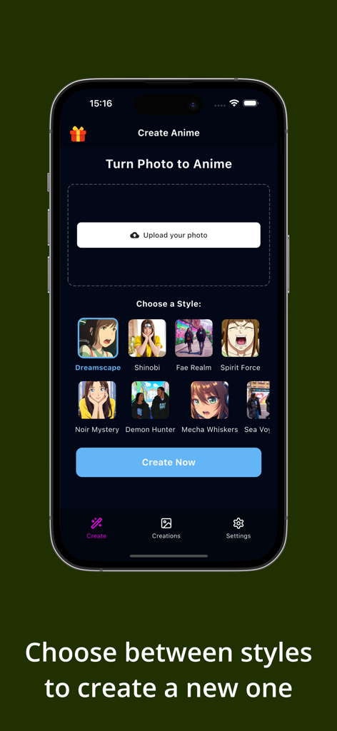 Anime Maker - Maketoon - Oberfläche der Anime Maker App, die verschiedene Anime-Kunststile zur Auswahl für die Fototransformation zeigt