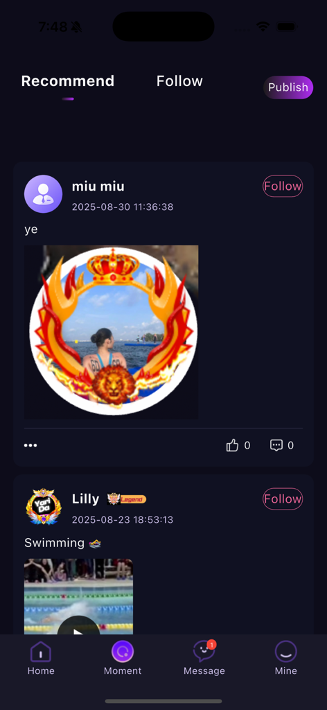 Yari Da - Une capture d'écran de l'application Yari Da montrant le flux de moments avec des publications d'utilisateurs et des badges de profil