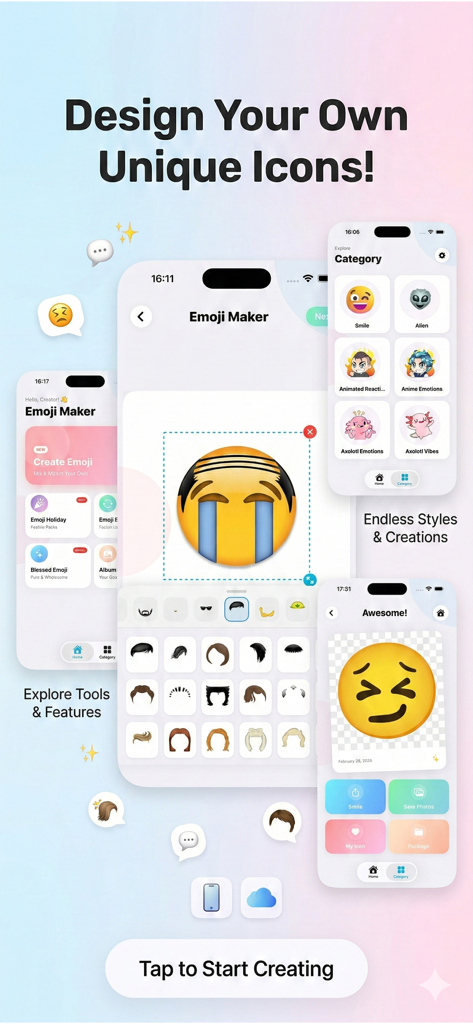 Emoji Maker - Personal Creator - Emoji Maker app interface showing tools for creating unique personal icons and stickers