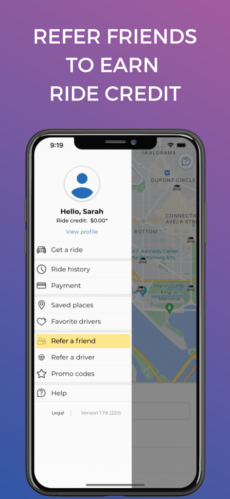 Empower - Your ride, your way - Empower app side menu highlighting the refer a friend feature to earn ride credits