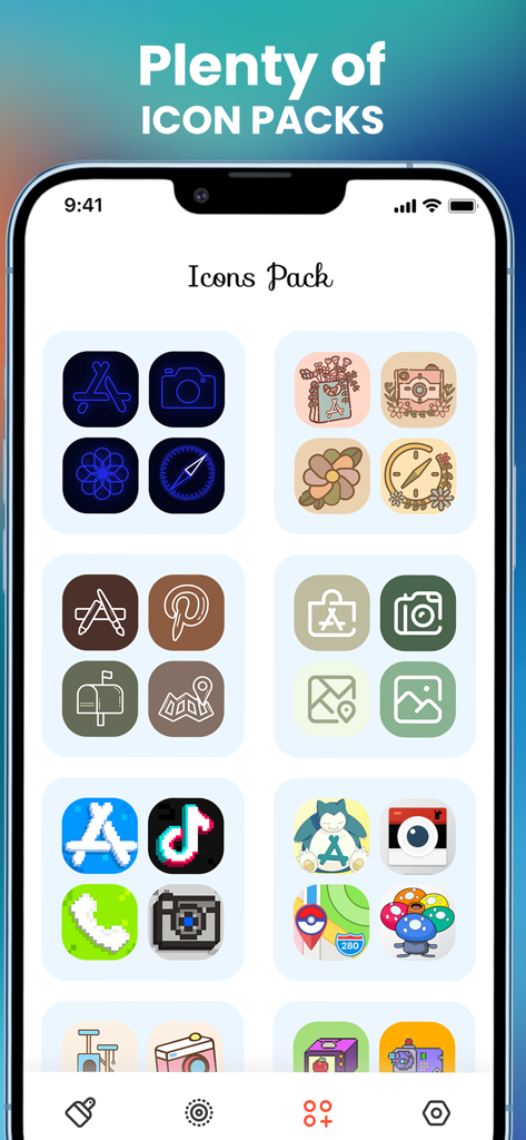 Icon Themer: Widget & Icons - Uma variedade de pacotes de ícones de aplicativos personalizados mostrados no aplicativo Icon Themer, incluindo estilos de neon floral e pixel art