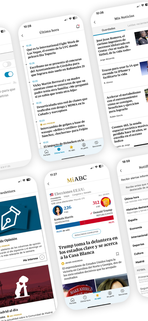 Varias pantallas de smartphone que muestran la interfaz de la aplicación de noticias Diario ABC, incluidos noticias de última hora y feeds personalizados en español.
