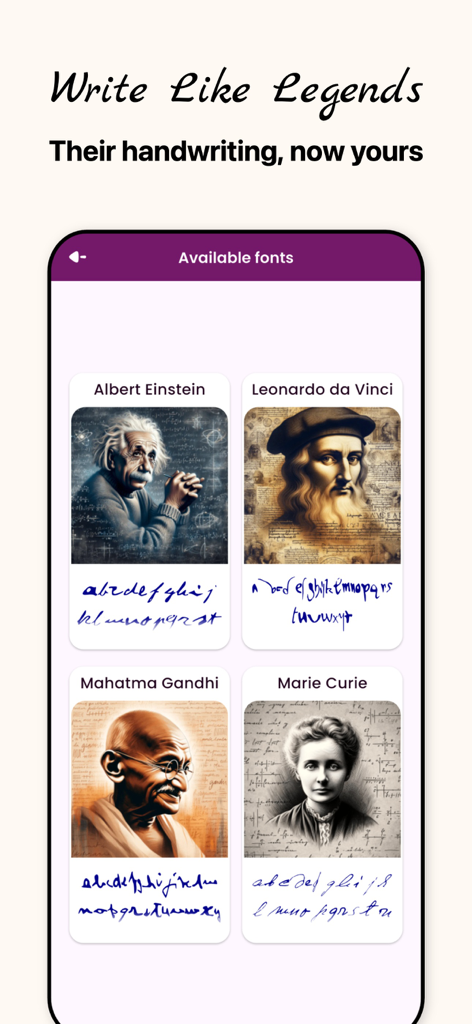 アルバート・アインシュタイン、レオナルド・ダ・ヴィンチ、マハトマ・ガンジー、マリー・キュリーにインスパイアされた手書きフォントを表示するモバイルアプリインターフェース