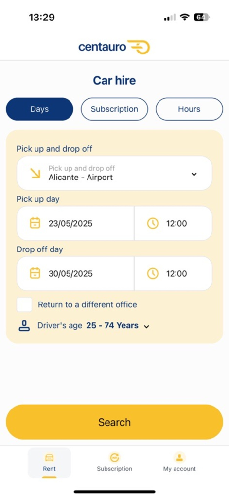 Pantalla de reserva de alquiler de coches Centauro con opciones de lugar de recogida y fechas