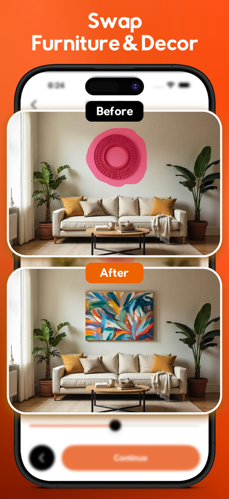 Home Style AI: Interior Design - Vorher-Nachher-Vergleich, der den Austausch von Wanddekorationen in einem Wohnzimmer durch ein neues Gemälde mit KI zeigt