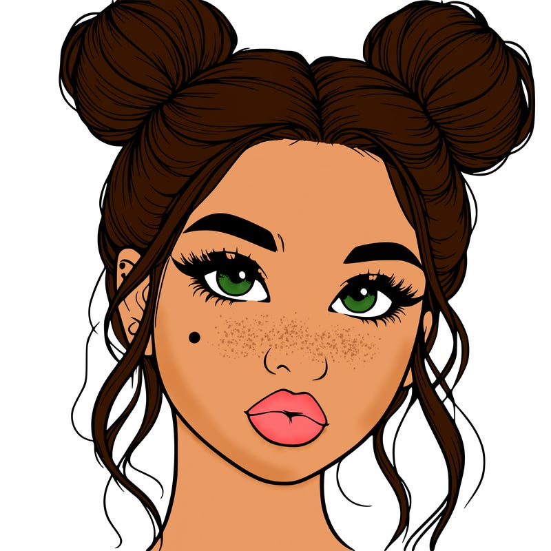 realistic girl with two buns on her hair and lips