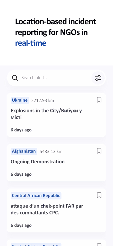 INSO - A mobile interface showing real-time location-based incident reports for humanitarian NGOs in countries like Ukraine and Afghanistan.
