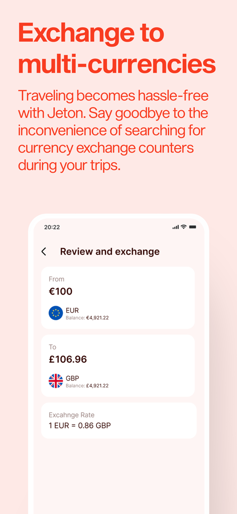 Handybildschirm, der einen Währungsumtausch von Euro in Britische Pfund mit einem transparenten Wechselkurs in der Jeton-App zeigt