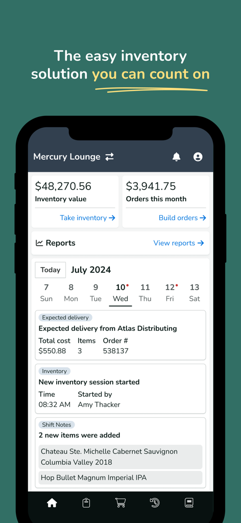 Backbar - Backbar mobile app dashboard showing inventory value and daily management reports for a bar
