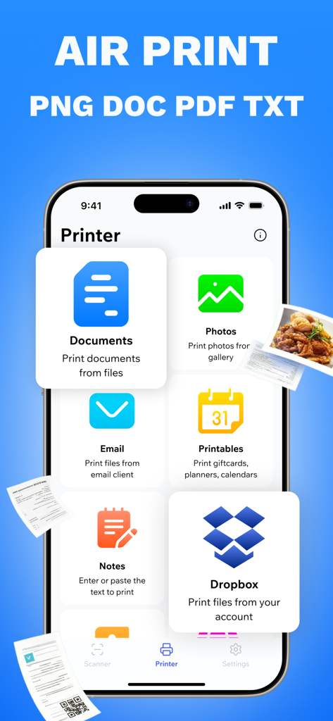 Smart Printer - Scanner PDF - Pantalla principal de la aplicación Smart Printer con opciones de impresión móvil para documentos, fotos y servicios en la nube como Dropbox