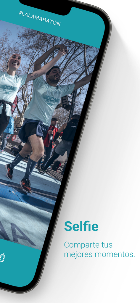 Mitja Marató Barcelona - Recurso de compartilhamento de selfie do aplicativo Barcelona Half Marathon mostrando corredores comemorando