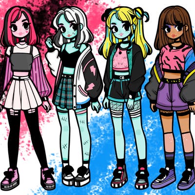 one girl with crop-top shirt and a jacket with a skirt, long socks and another girl with a shirt and pants with a jacket