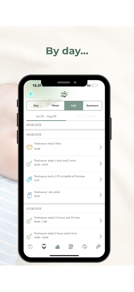 iZzzleep – Baby Sleep Coach - iZzzleep app interface showing a chronological list of baby activities including sleep feeding and diaper changes