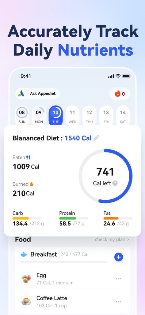A mobile app dashboard showing a calorie and macro tracker with progress bars for carbs, protein, and fat.