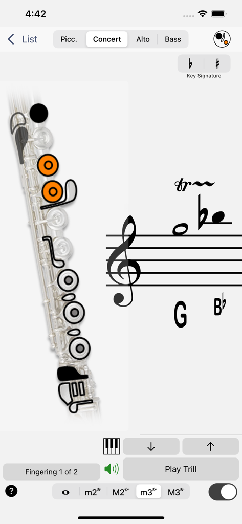 Fingering Woodwinds for iPhone - A flute fingering chart for a trill shown in the Fingering Woodwinds mobile app interface