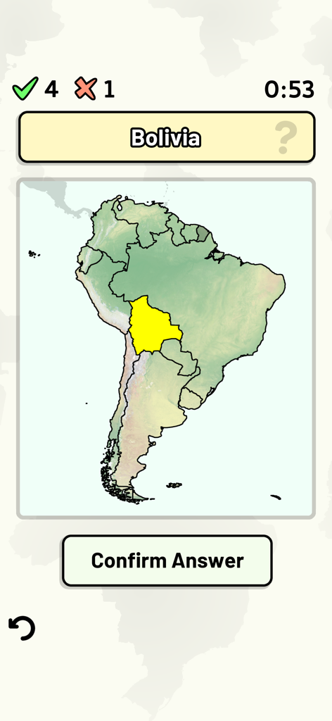 A geography quiz screen showing a map of South America with Bolivia highlighted in yellow and a timer displayed