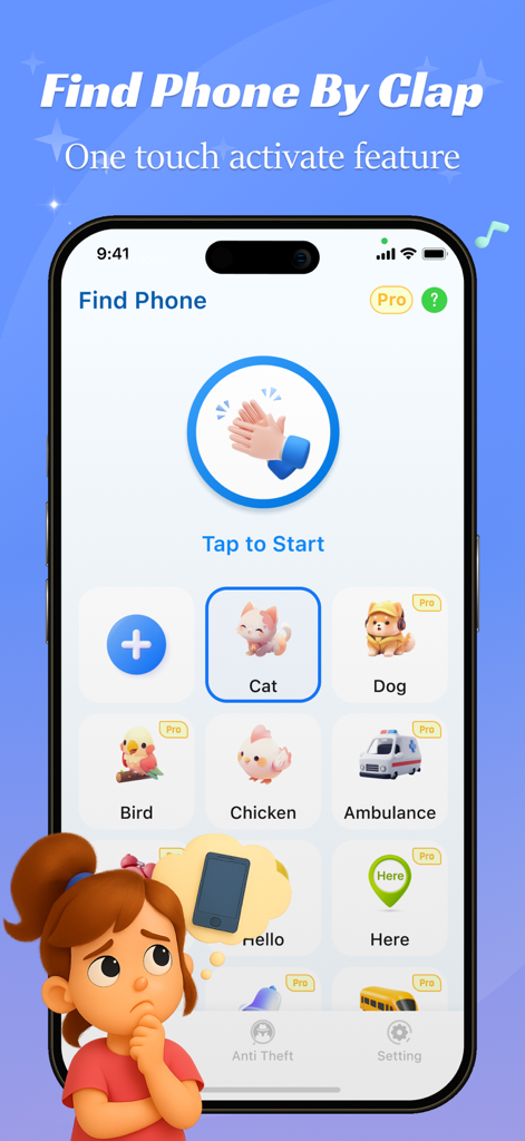 Amor AntiTheft-Clap Find Phone - Amor AntiTheft app interface showing the clap to find phone feature and sound alerts