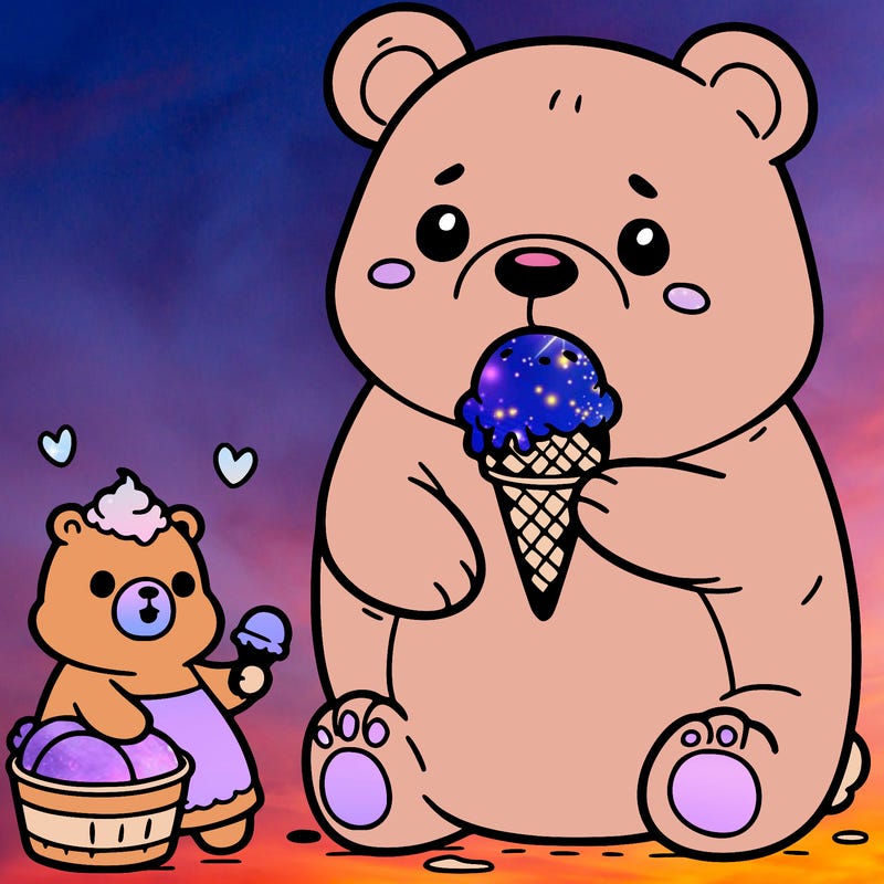 cute bear eating an ice cream cone, and a tinier bear beside her with an ice cream scoop on the ground and the cone in her hand