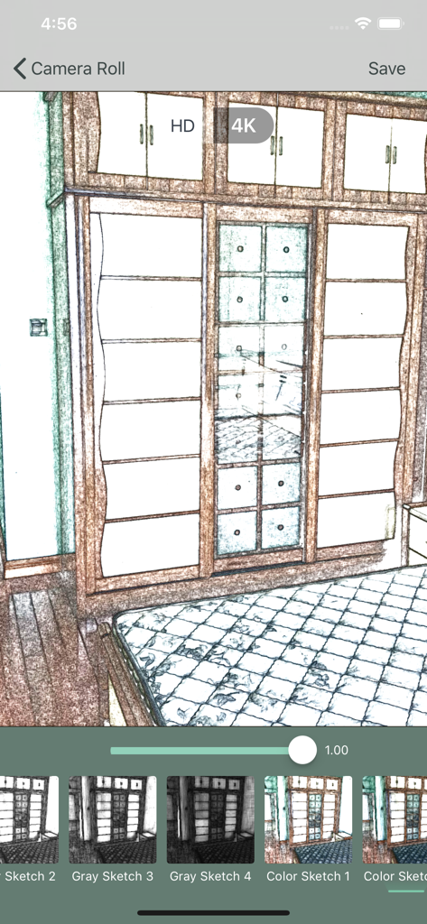 Photo to Sketch Drawing Maker - 写真からスケッチ描画メーカーアプリのインターフェースに適用されたカラー スケッチフィルター