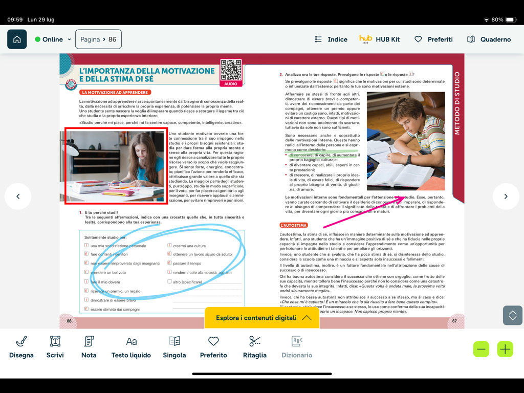 HUB Young - Interactive digital textbook interface in the HUB Young app featuring student study tools and annotations.