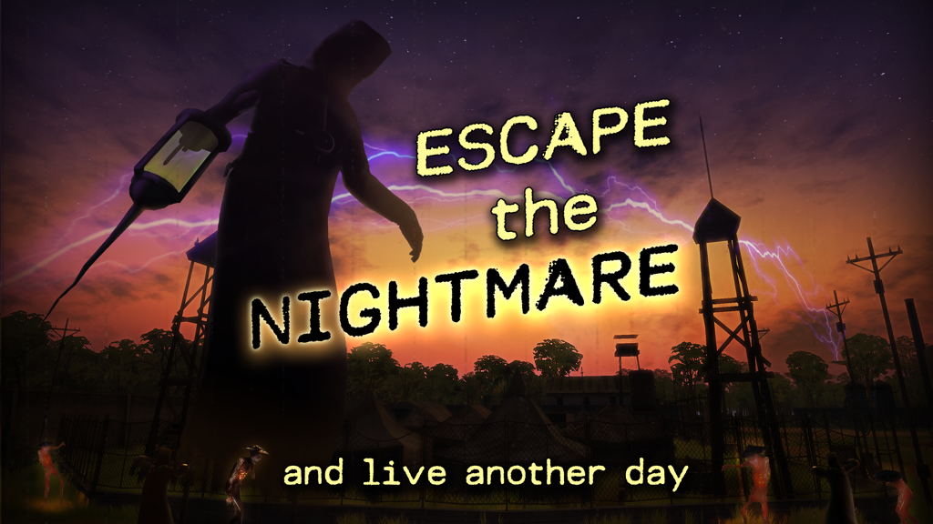 Radiation Island - A giant hooded figure looming over a survivor camp at sunset with lightning in the background