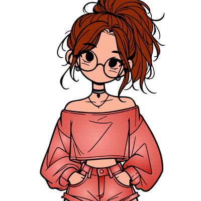 girl with a messy ponytail glasses a baggy crop top and jean shorts