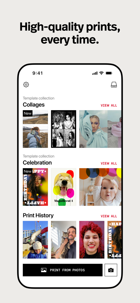 Polaroid Hi Print app home screen showing photo template collections and print history