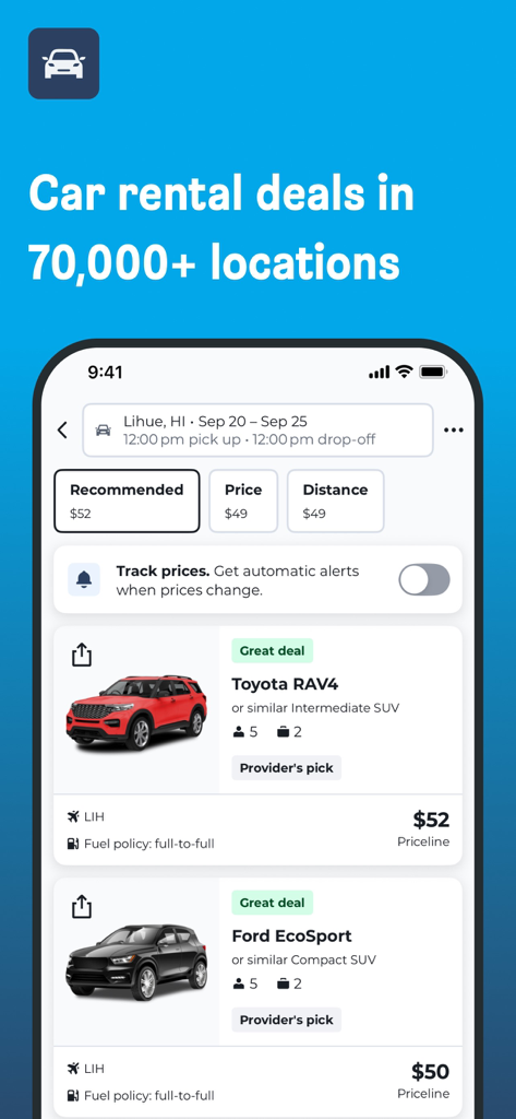 HotelsCombined app interface showing car rental deals for SUVs and price tracking features