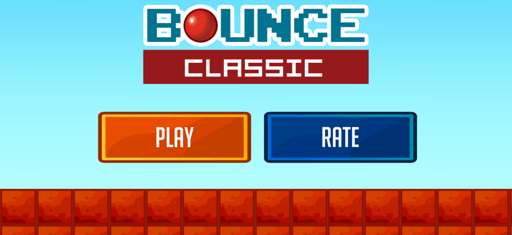 Startbildschirm des Red Bounce Ball Classic-Spiels mit Play- und Rate-Schaltflächen