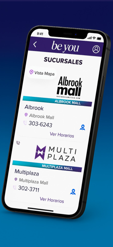 Be you Steven’s - Pantalla de la aplicación Be you Steven's que muestra una lista de ubicaciones de tiendas y detalles de contacto de centros comerciales.