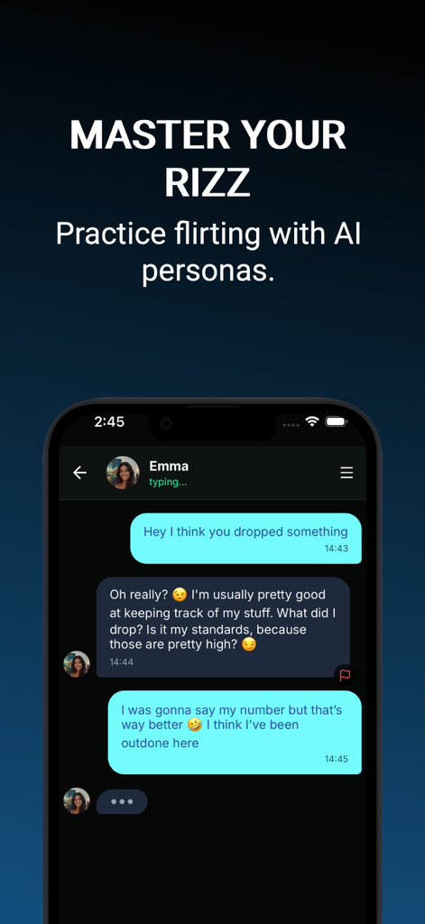 FlirtUp AI Dating Coach & Rizz - FlirtUp AI Dating Coach app interface showing an AI chat simulator for practicing flirting and rizz