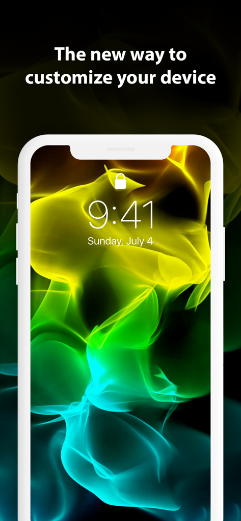 Un iPhone que muestra un vibrante fondo de pantalla animado abstracto en verde y amarillo en la pantalla de bloqueo