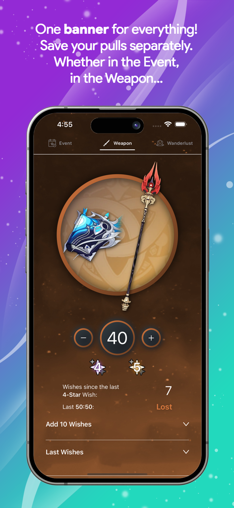WishCounter mobile App-Oberfläche, die das Ziehungsverfolgung für Waffenbanner für Genshin Impact zeigt.