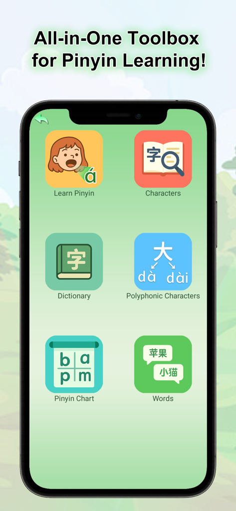 Pinyin Academy-Fun with Pinyin - Main menu of Pinyin Academy app showing icons for Learn Pinyin, Characters, Dictionary, Polyphonic Characters, Pinyin Chart, and Words.