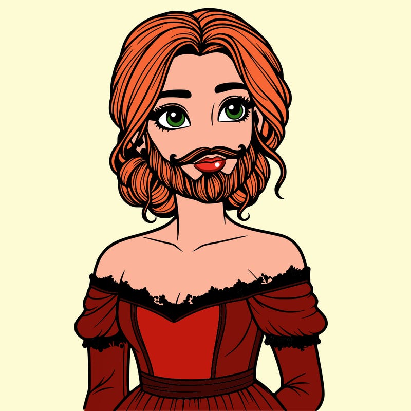 a woman with a beard and a beautiful dress realistic