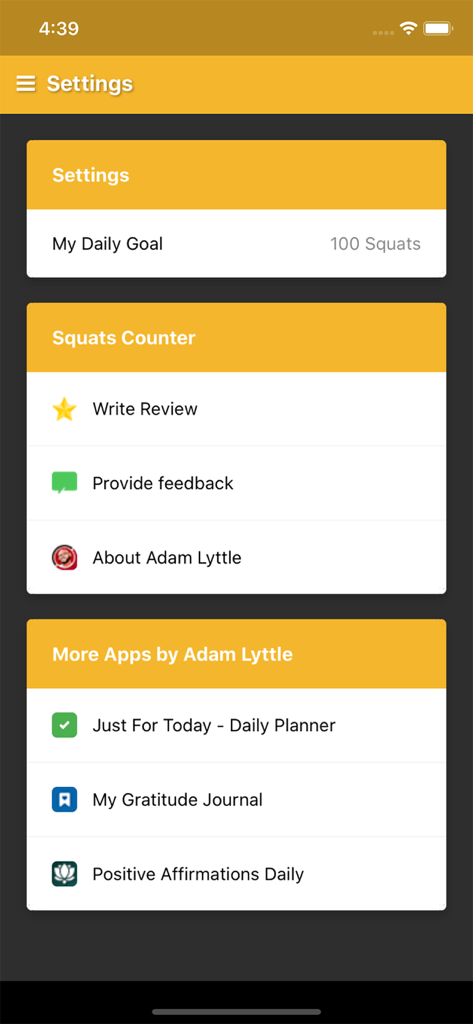 Squats Counter - Settings screen of the Squats Counter app showing the daily goal set to 100 squats and links to other fitness and wellness apps.
