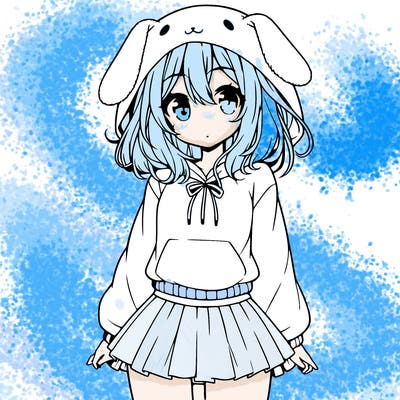 pretty anime girl wearing a fluffy hoodie with bunny ears on the hood and a skirt