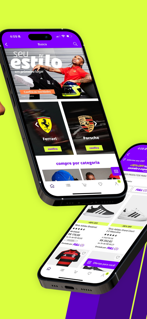 Netshoes mobile app interface displaying sports brands and discounted sneakers
