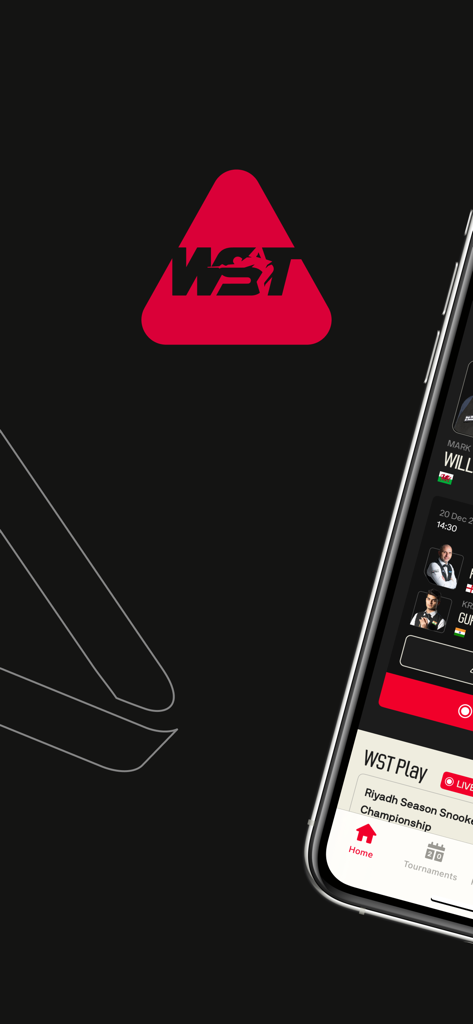 Official World Snooker Tour app featuring the WST logo and a match center with live player data