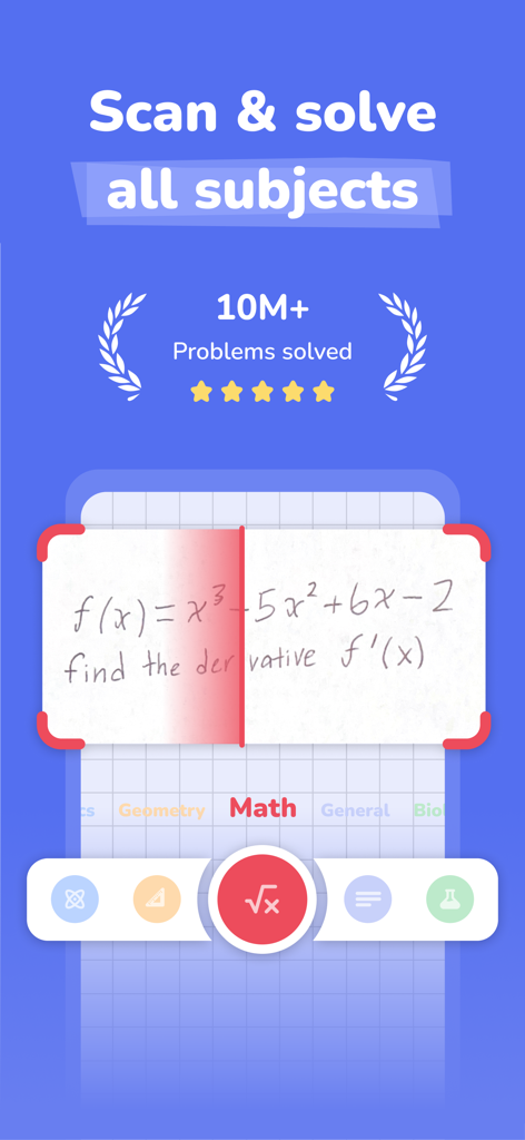 Interface of Coursology AI app scanning a handwritten math derivative problem to provide an instant solution