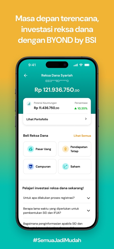Mobile screen of BYOND by BSI showing Sharia-compliant mutual fund investment options and balance