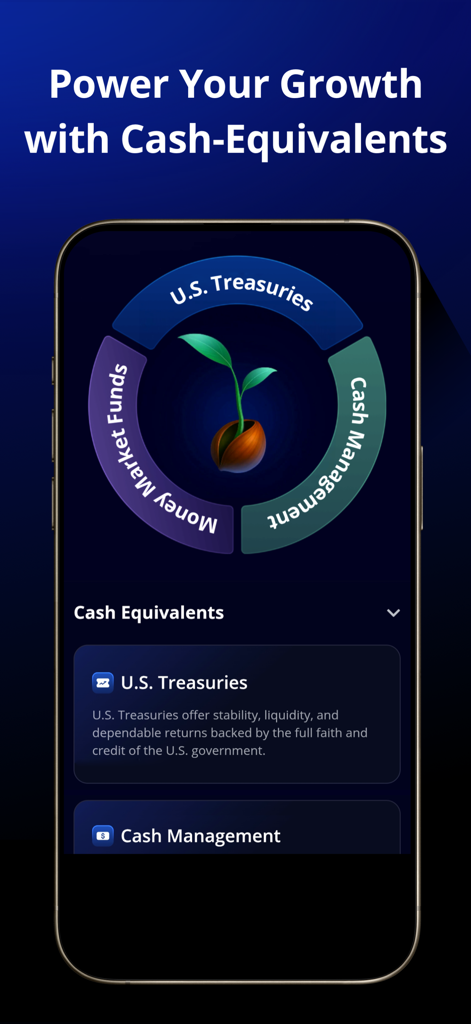 Webull: Investing & Trading - Webull app interface showing investment options for cash equivalents including US Treasuries and Money Market Funds