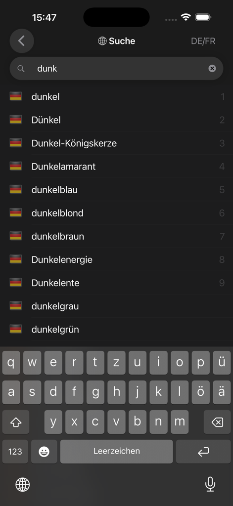 Search interface of the dict.cc Dictionary app showing German word suggestions for the term dunk