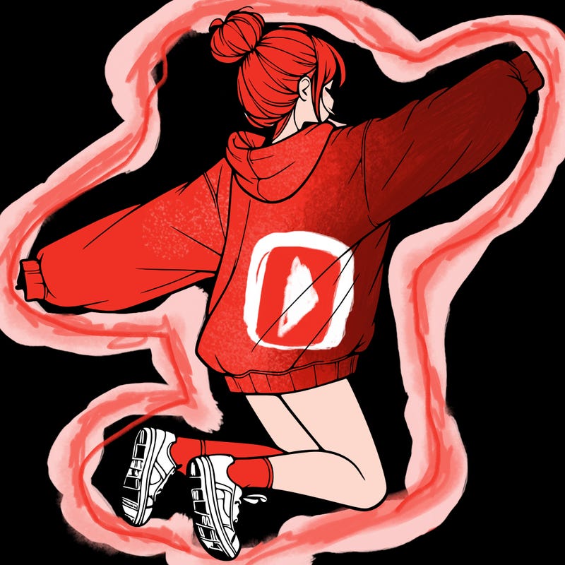 realistic girl jumping with a bun and oversized sweatshirt