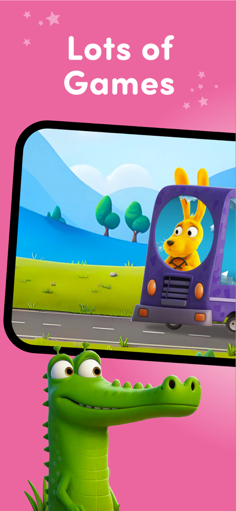 Rescue: Toddler games for kids - Toddler rescue game showing a yellow bunny driving a bus and a green crocodile