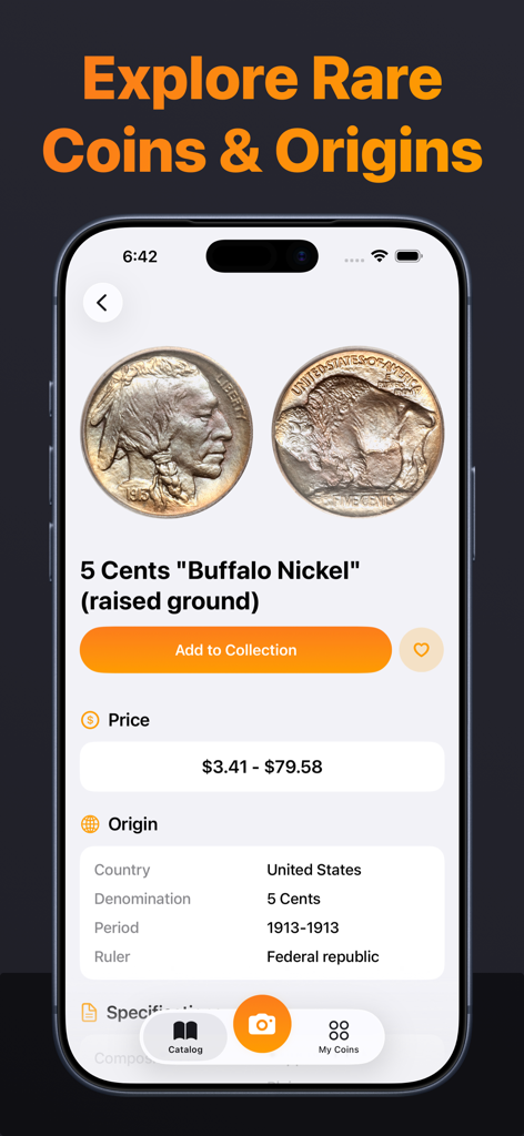 Coin Identifier AI - CoinPal - Mobile application screen showing identification and historical data for a rare Buffalo Nickel coin