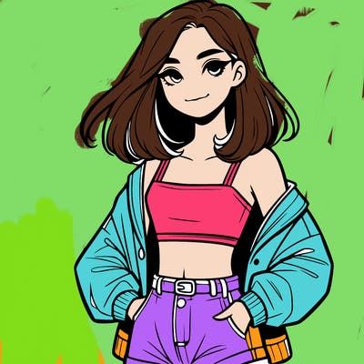a realistic girl with a crop top and short shorts in an open jacket