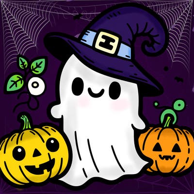 ghost with punkins wearing a witch hat