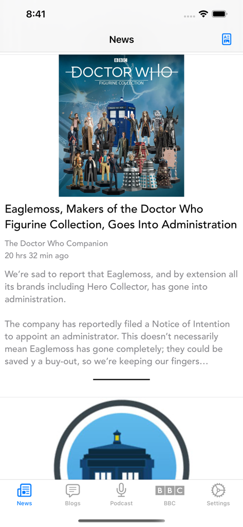DW WhoNews for Doctor Who - Doctor Who news article and navigation menu in the WhoNews app