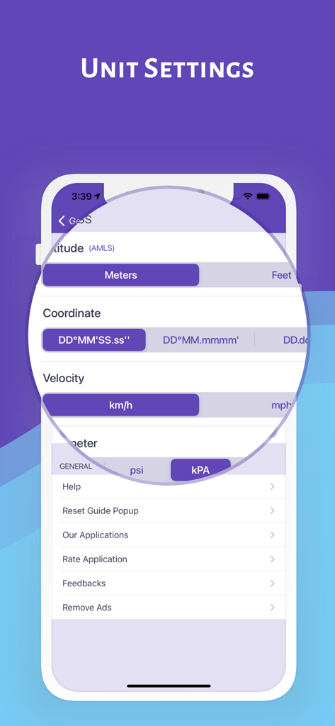 Altimeter Pro: Compass, GPS - Unit settings screen in the Altimeter Pro app showing customization options for altitude, coordinates, velocity, and barometric pressure.